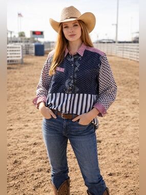 Vintage Mixed Print Cotton Shirt Womens L Blue Red White Western Americana Rodeo